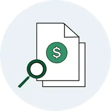 magnifying glass on money records icon